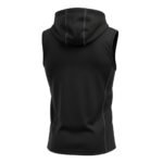 Back view of a sleeveless black hoodie featuring subtle gray stitching for a modern, streamlined design
