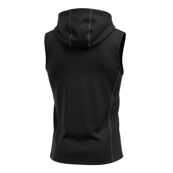 Back view of a sleeveless black hoodie featuring subtle gray stitching for a modern, streamlined design