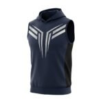A sleeveless navy blue hoodie with a modern white geometric design on the front and black mesh side panels