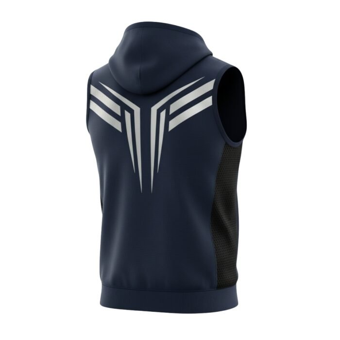 Back view of a sleeveless navy blue hoodie with a bold white geometric design and black mesh side panels