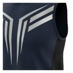 Close-up view of the white geometric design on the front of a navy blue sleeveless hoodie with black mesh side panels.