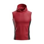 A sleeveless red hoodie with a sleek design and black mesh side panels.