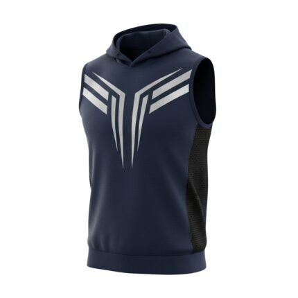 A sleeveless navy blue hoodie with a modern white geometric design on the front and black mesh side panels