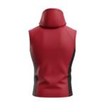 Back view of a sleeveless red hoodie with black mesh side panels showcasing its clean and sleek design