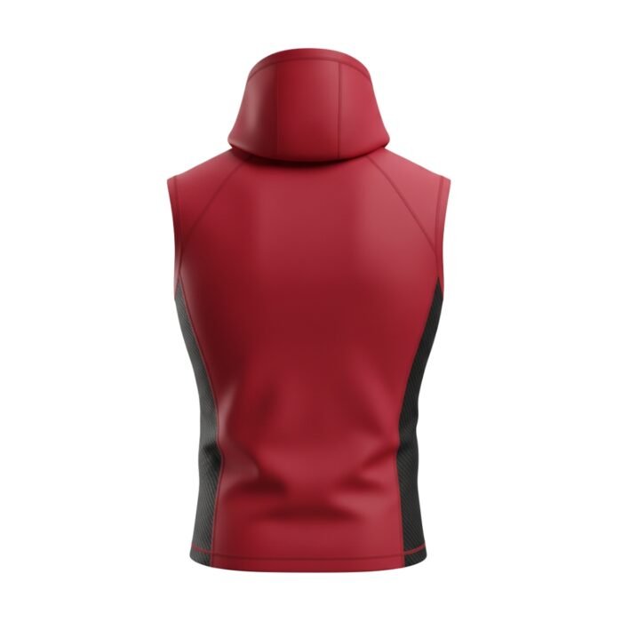 Back view of a sleeveless red hoodie with black mesh side panels showcasing its clean and sleek design