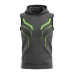 A sleeveless gray hoodie with vibrant green geometric accents and black mesh side panels.
