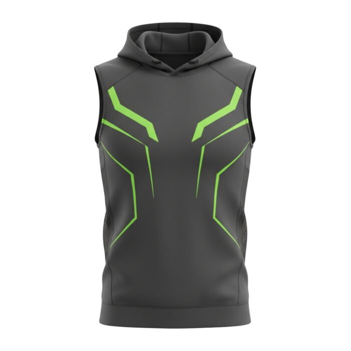 A sleeveless gray hoodie with vibrant green geometric accents and black mesh side panels.