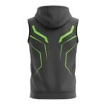 Back view of a sleeveless gray hoodie featuring vibrant green geometric accents and black mesh side panels
