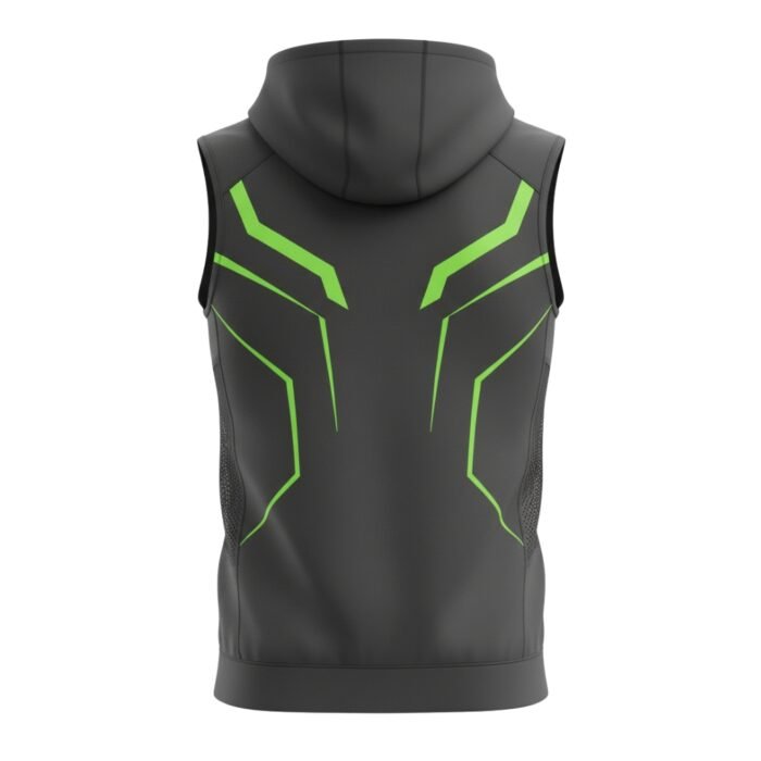Back view of a sleeveless gray hoodie featuring vibrant green geometric accents and black mesh side panels