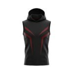 A sleeveless black hoodie with striking red geometric accents and sleek black mesh side panels