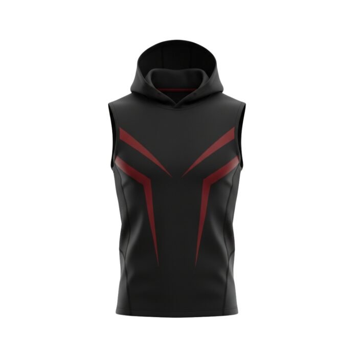 A sleeveless black hoodie with striking red geometric accents and sleek black mesh side panels
