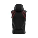 Back view of a sleeveless black hoodie with dynamic red stripe accents and black mesh side panels.