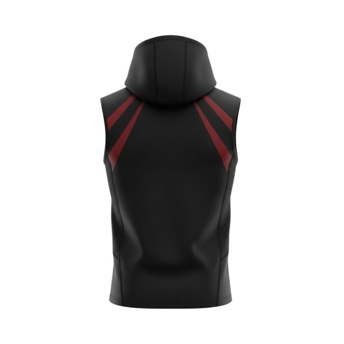 Back view of a sleeveless black hoodie with dynamic red stripe accents and black mesh side panels.