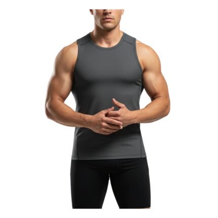 Person wearing a gray sleeveless athletic shirt and black shorts, standing with hands clasped.