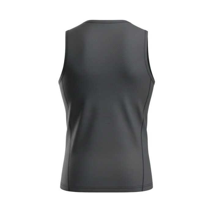 Back view of a gray sleeveless athletic shirt with a fitted design.