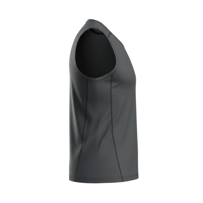 Side view of a gray sleeveless athletic shirt with a fitted design.