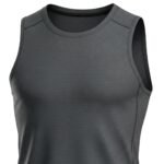 Close-up view of the front of a gray sleeveless athletic shirt with detailed stitching and textured fabric.