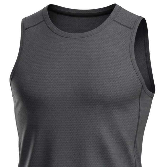 Close-up view of the front of a gray sleeveless athletic shirt with detailed stitching and textured fabric.