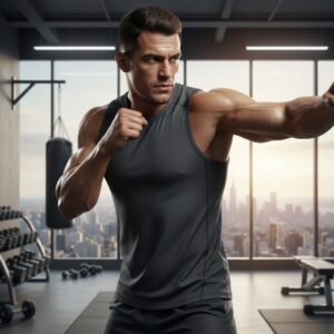 A person wearing a gray sleeveless athletic shirt practicing a punching motion in a modern gym with large windows and city views.