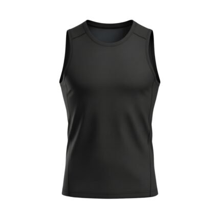 Front view of a gray sleeveless athletic shirt with a fitted design and textured fabric
