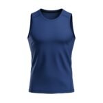 Front view of a blue sleeveless athletic shirt with a fitted design and textured fabric