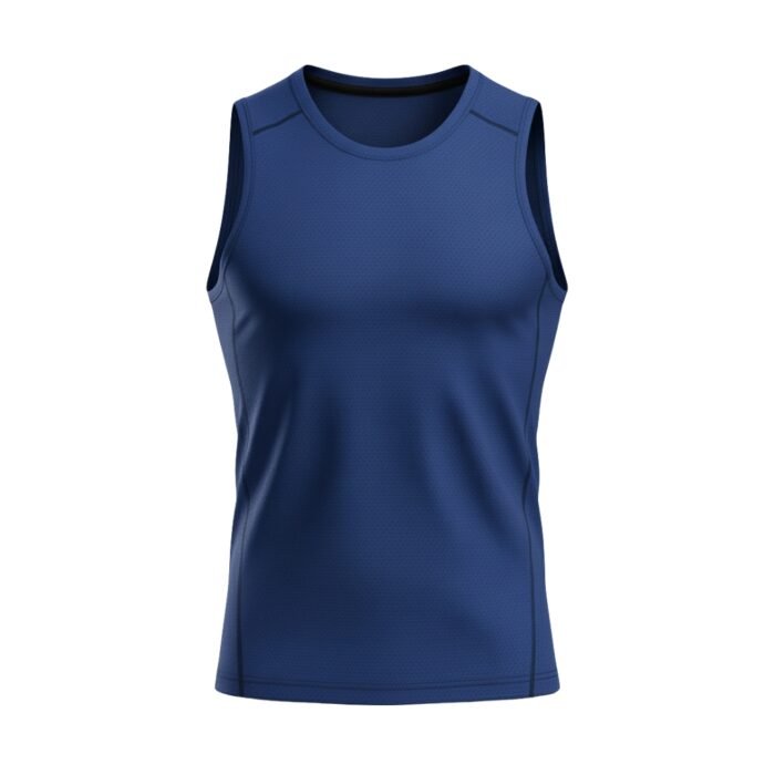 Front view of a blue sleeveless athletic shirt with a fitted design and textured fabric