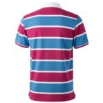 Men’s short-sleeve striped polo shirt from the back in magenta and blue with white stripe trim.