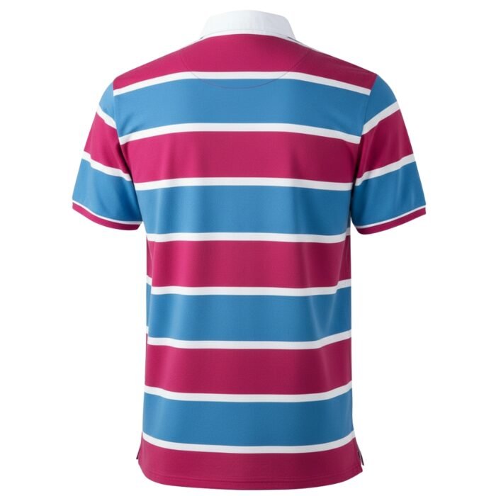 Men’s short-sleeve striped polo shirt from the back in magenta and blue with white stripe trim.