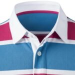 Close-up of a striped polo shirt collar with white trim, featuring blue and magenta bands.