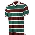 Men’s short-sleeve striped polo shirt in green and brown with a white collar and button placket.