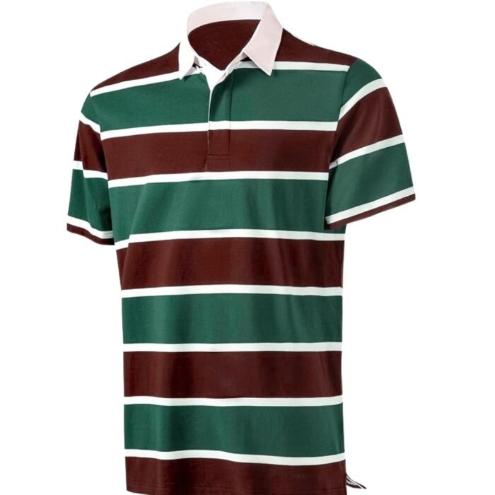Men’s short-sleeve striped polo shirt in green and brown with a white collar and button placket.