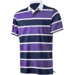 Men’s short-sleeve striped polo shirt in navy and purple with a white collar and button placket.