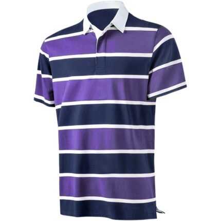 Men’s short-sleeve striped polo shirt in navy and purple with a white collar and button placket.