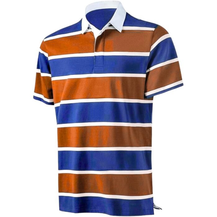 Women’s short-sleeve striped polo shirt in blue and brown with a white collar and button placket.