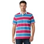 Men’s short-sleeve striped polo shirt on a model, in blue and magenta with white stripe trim and a white collar.
