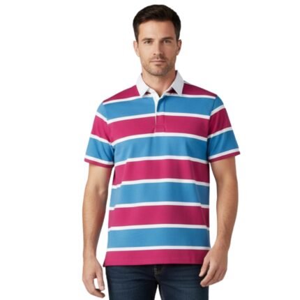 Men’s short-sleeve striped polo shirt on a model, in blue and magenta with white stripe trim and a white collar.
