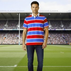 Man wearing a red, blue, and white striped polo shirt in a stadium.