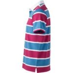 Men’s short-sleeve striped polo shirt in blue and magenta with white stripe accents.