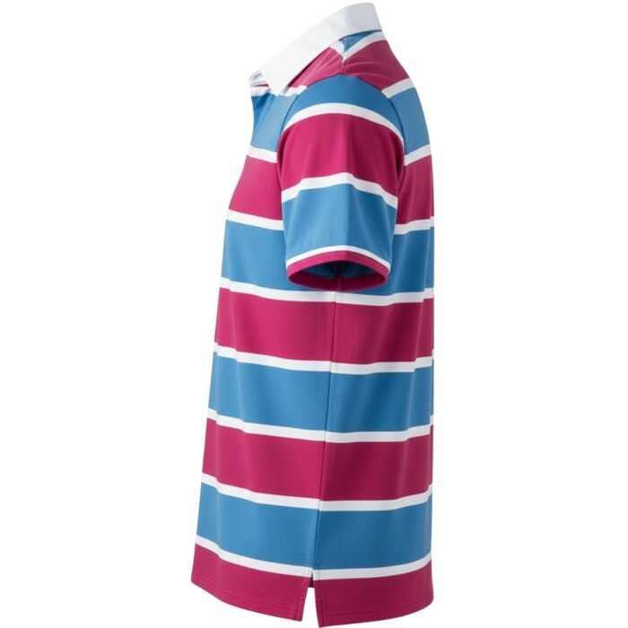 Men’s short-sleeve striped polo shirt in blue and magenta with white stripe accents.
