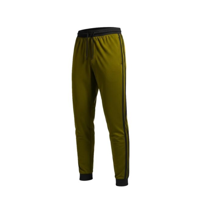 Olive green track pants on a white background with a black ribbed waistband, black side stripe, and black cuffs