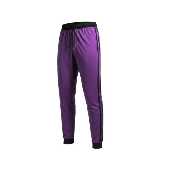 Purple sweatpants centered on a plain white background, with a black elastic waistband, black side stripes down the outer legs, and black elastic cuffs at the ankles.