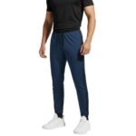Full-body view of navy blue track pants with a black waistband and black side stripe details on a white background