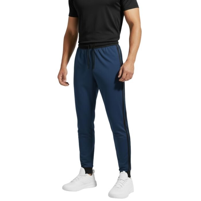 Full-body view of navy blue track pants with a black waistband and black side stripe details on a white background