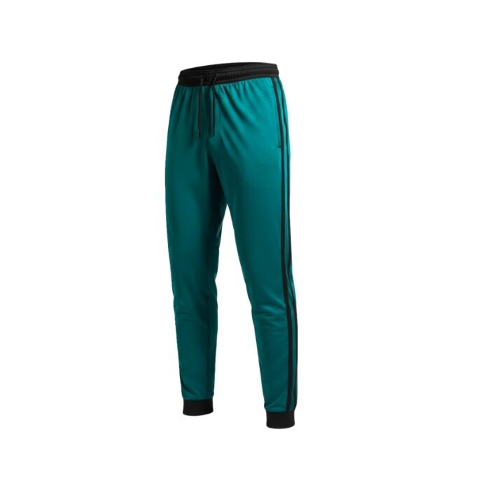Teal sweatpants shown on a white background with a black elastic waistband, black side stripes, and black cuffs at the ankles.