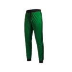 Green sweatpants centered on a plain white background with a black elastic waistband, black drawstrings, two black vertical side stripes, and black elastic cuffs at the ankles.