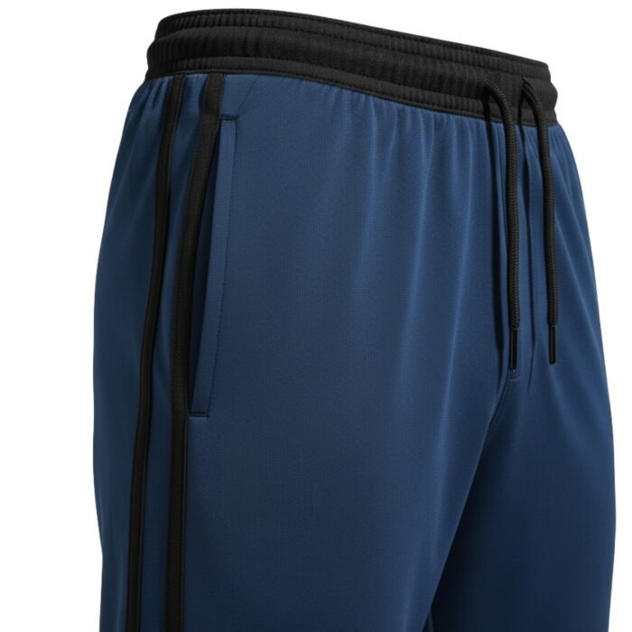 Close-up of navy blue track pants waistband and side with black drawstring ties on a white background