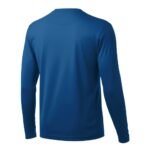 Back view of a minimalist long-sleeve crew-neck t-shirt in solid blue, photographed on pure white background. Smooth synthetic fabric with subtle sheen, tapered sleeves, and clean horizontal neckline.