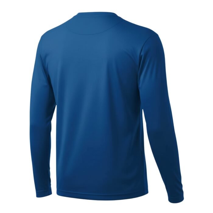 Back view of a minimalist long-sleeve crew-neck t-shirt in solid blue, photographed on pure white background. Smooth synthetic fabric with subtle sheen, tapered sleeves, and clean horizontal neckline.