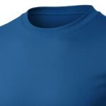 Royal blue long-sleeve crew-neck t-shirt in smooth synthetic blend, photographed on pure white background. Close-up shows fine fabric texture and clean collar construction.