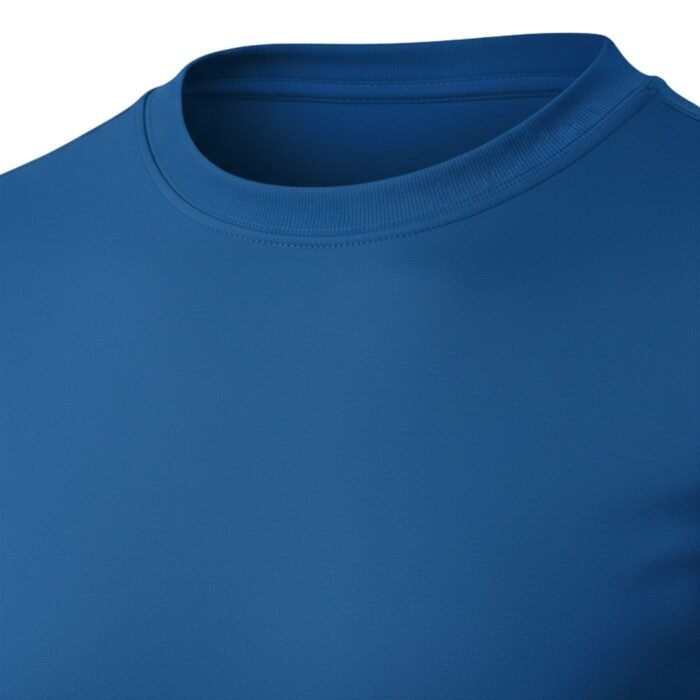Royal blue long-sleeve crew-neck t-shirt in smooth synthetic blend, photographed on pure white background. Close-up shows fine fabric texture and clean collar construction.